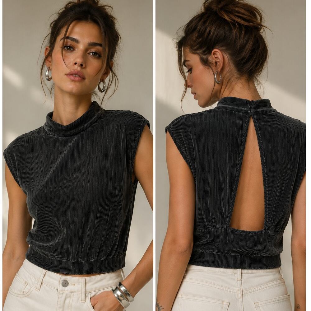 RO & DE Black Pleated Mock Neck Sleeveless Blouse Top Open Back Size Medium